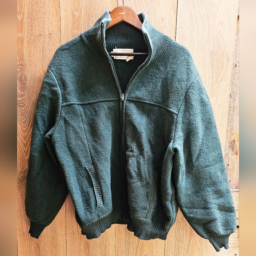 Vintage Wool Jacket Zip-Up Wide Arms Jewel Tone Green Fishermens Sweater Chore